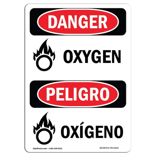Safety Sign, OSHA Danger, 5" Height, Oxygen, Bilingual Spanish, 10PK